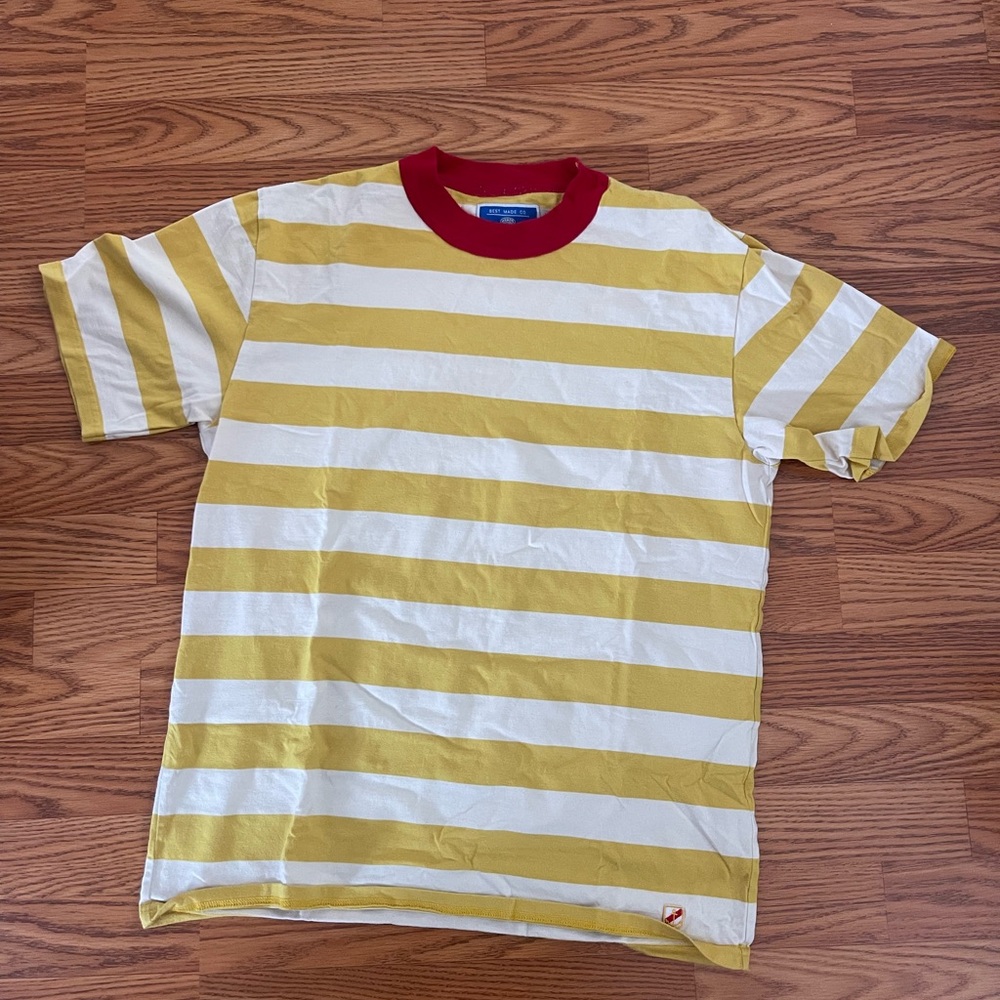 Bestmade Co. Yellow and White Striped Short Sleeve Tee with Red Crewneck